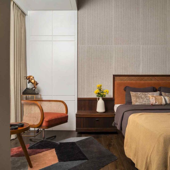 Elegant bedroom with soft lighting and layered textiles